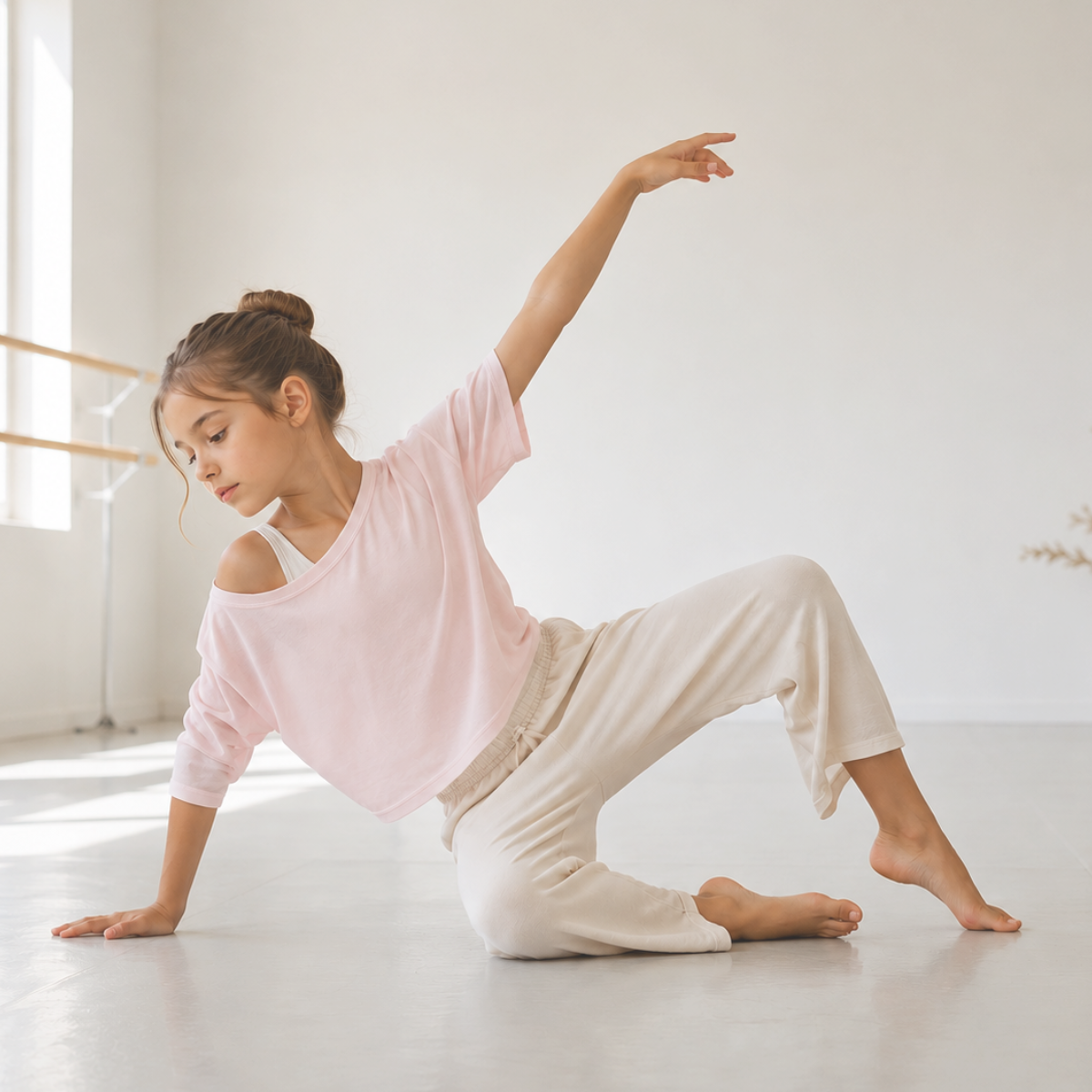 una niña practicando danza contemporanea vestida con una camiseta rosa y pantalónes blancos. Está sentada en el suelo con un brazo hacia arriba y la mirada proyectada hacia abajo.