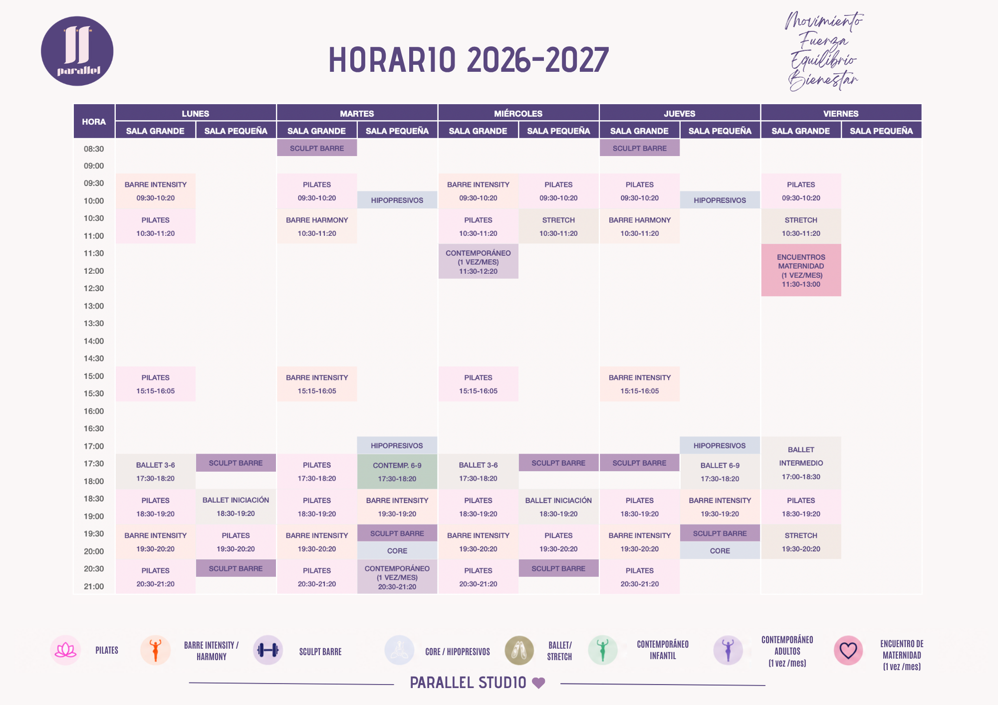 horario de clases de barre, ballet, contemporaneo, pilates, estiramientos e hipopresivos.