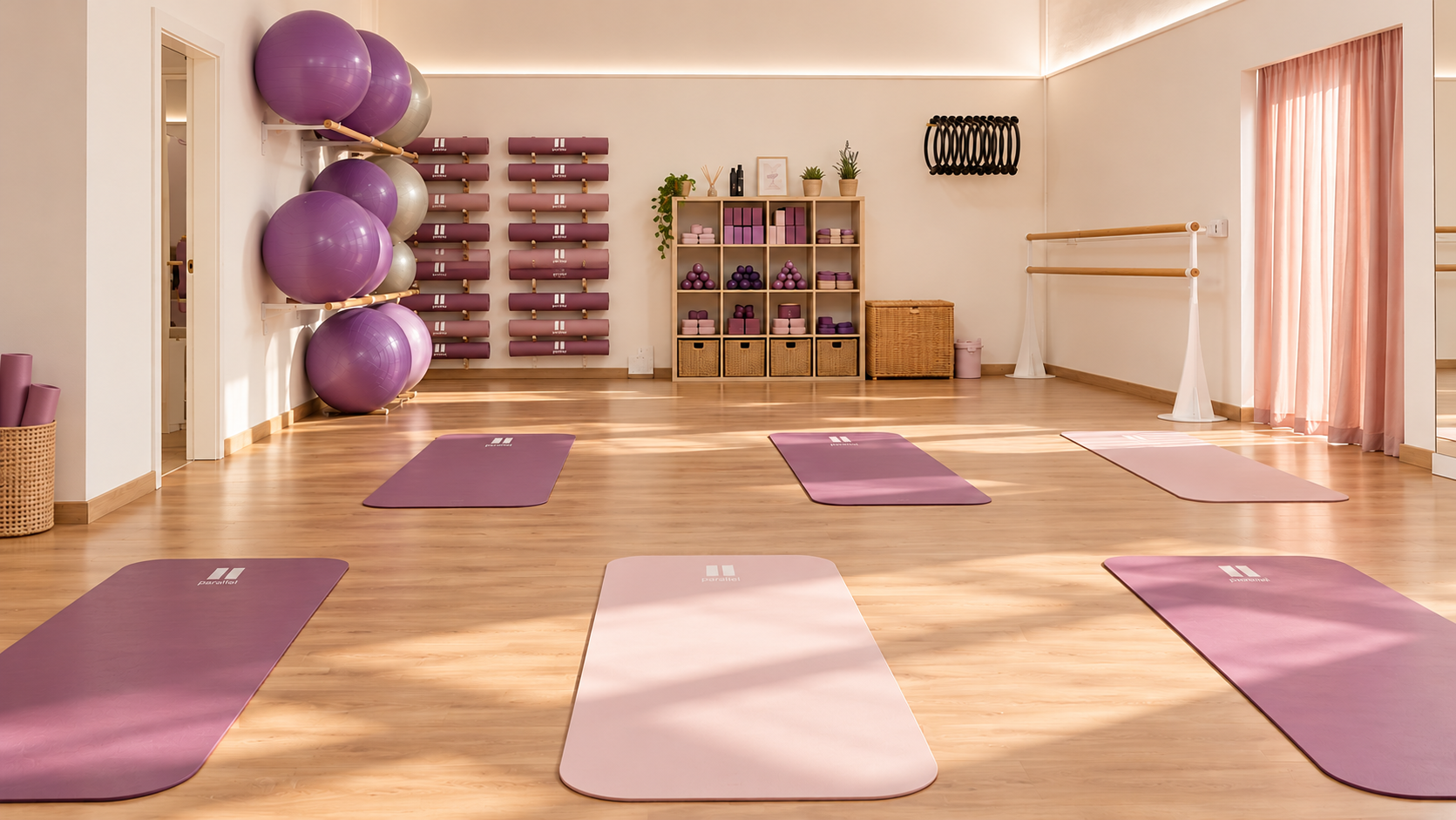 un estudio de barre en tonos malva con esterillas perfectamente colocadas.