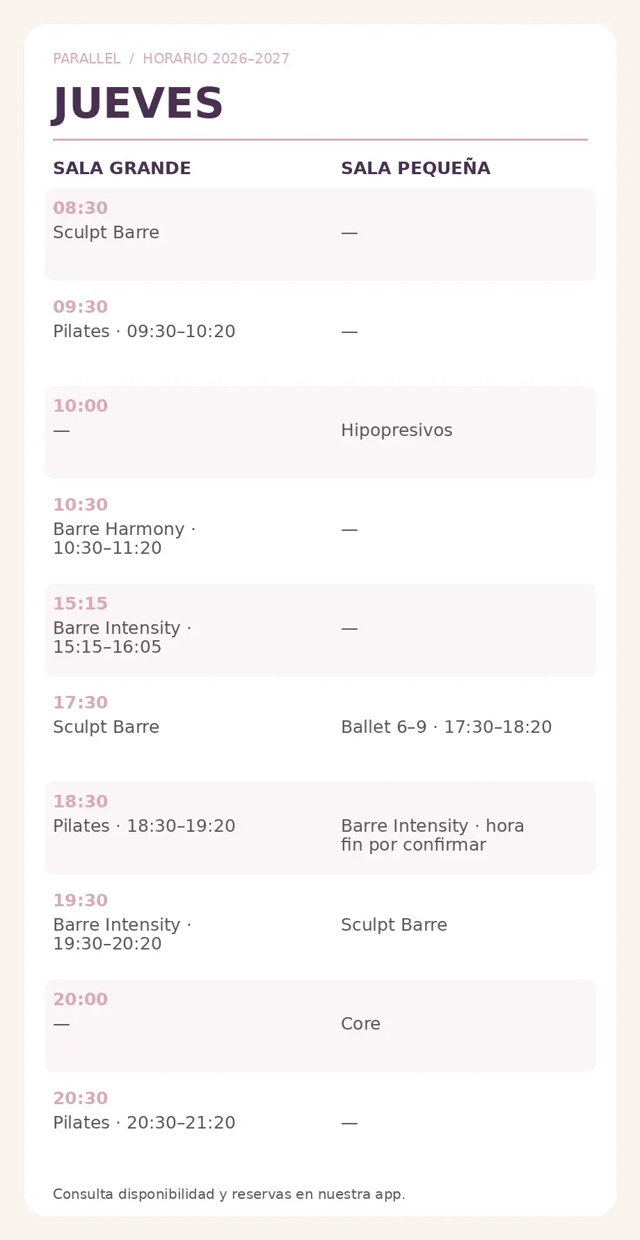 horario de actividades grupales del jueves