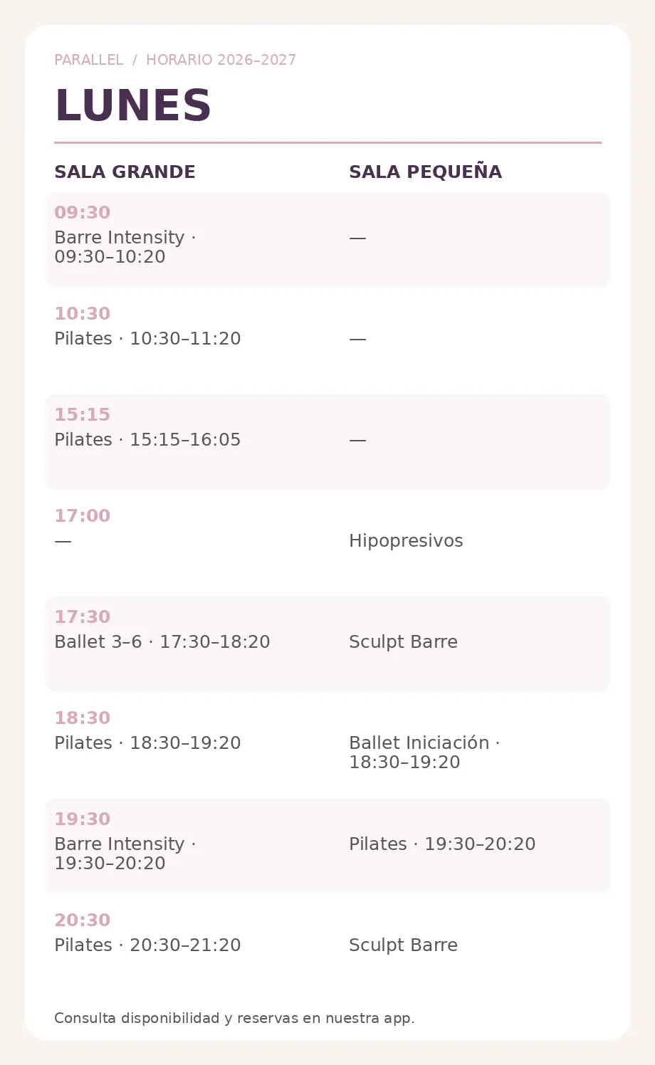 horario de actividades grupales del lunes