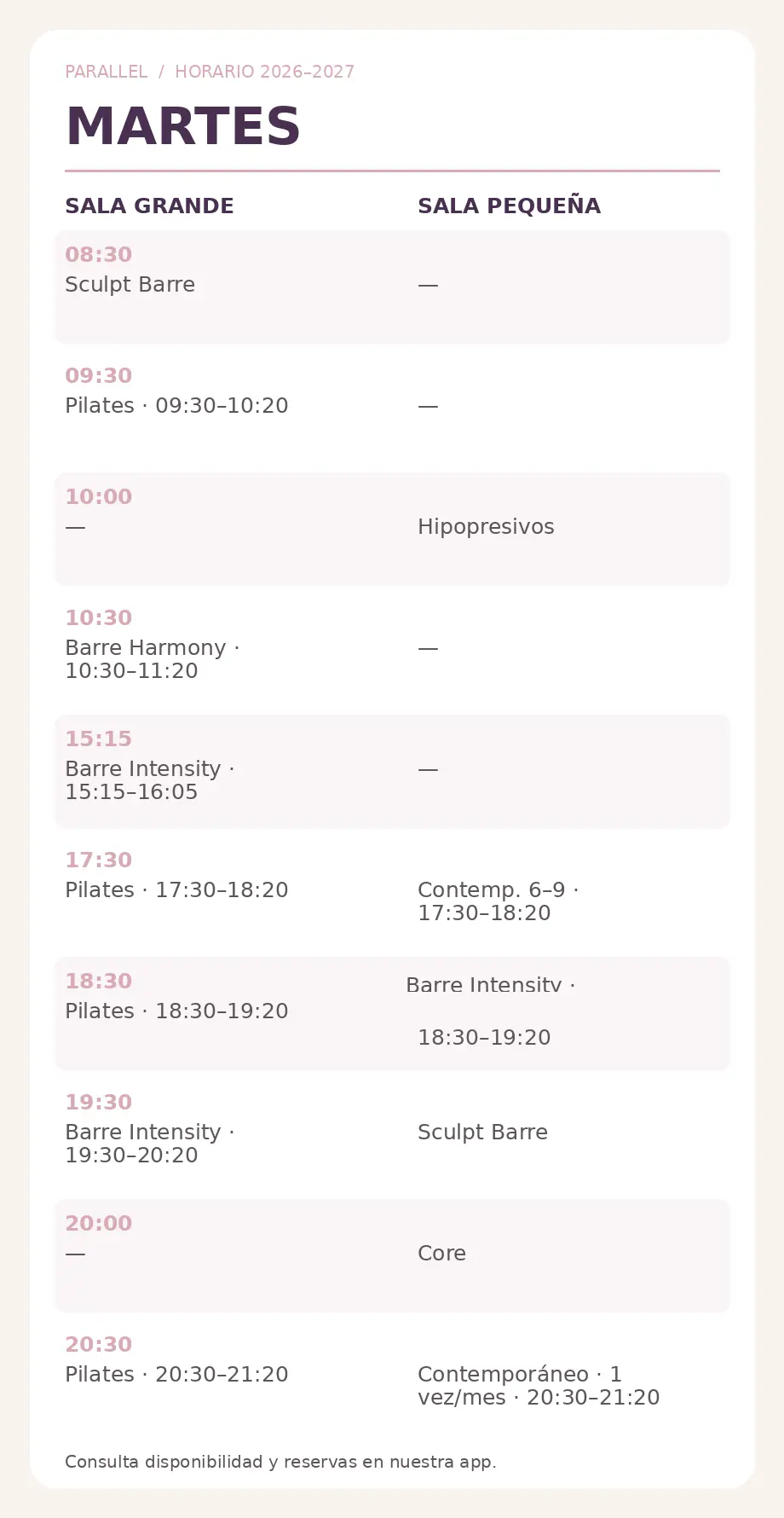 horario de actividades grupales del martes
