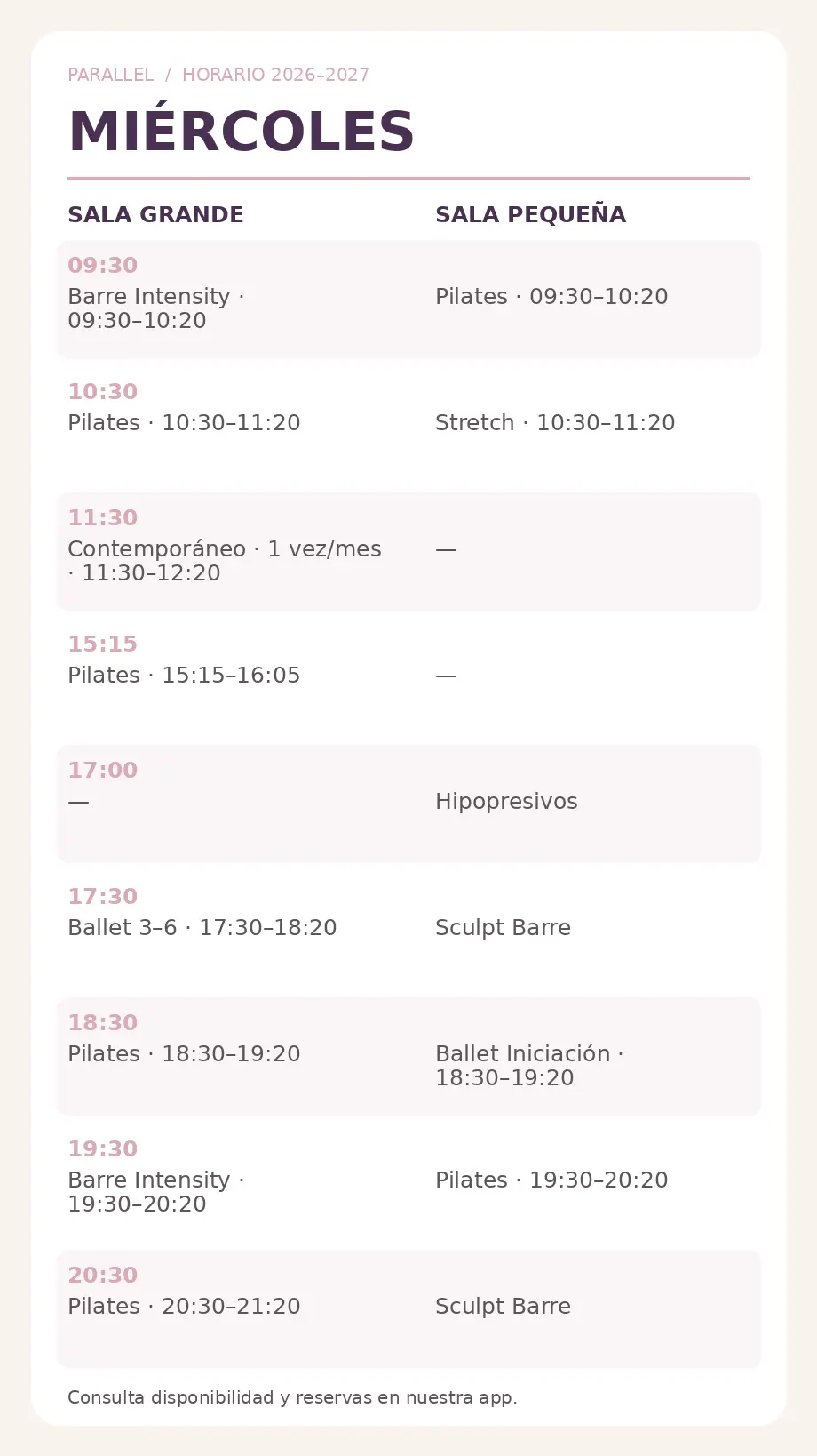 horario de actividades grupales del miércoles