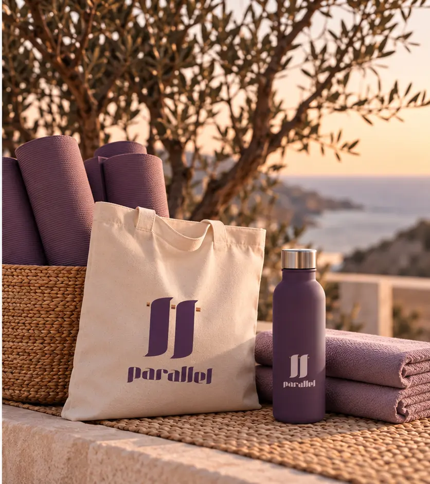 una cesta con esterillas, una bolsa y una botella con el logo de parallel. Todo apoyado sobre una mesa en la montaña con vistas al mar.